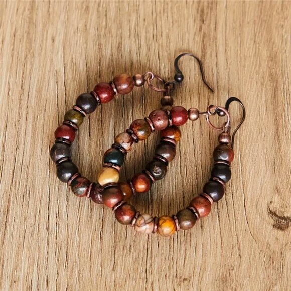 Earth Tone Beaded Oval Drop Dangle Earrings - Picture 4 of 4
